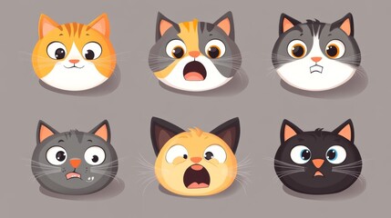 Cute cartoon cat faces with various expressions on gray background
