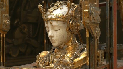 Obraz premium Intricate Nocturnal Golden Android Sculpture in Artistic Workshop