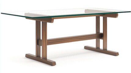 Modern wooden dining table with glass top, studio shot