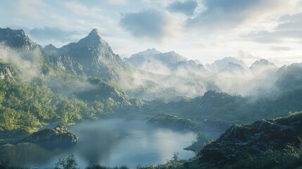 Obraz premium Misty mountain lake at sunrise.