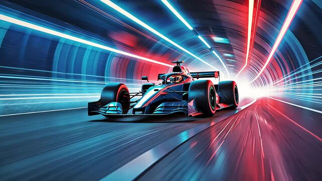 Formula 1 race car speeding through a neon-lit tunnel at high velocity
