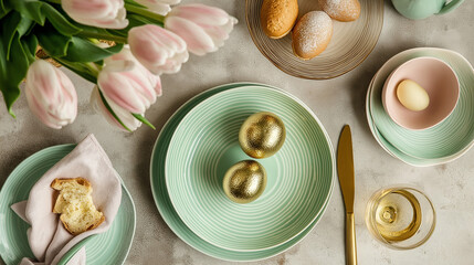 Elegant Easter brunch table setting with fresh tulips, pastel-colored plates, gourmet pastries, and a golden egg centerpiece, cinematic photography