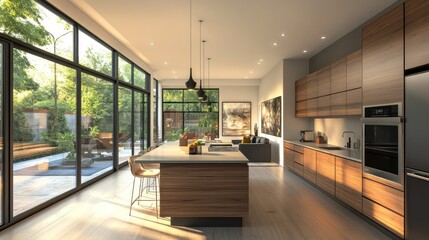 A modern interior design featuring a contemporary kitchen setup