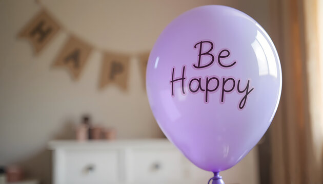 Purple balloon with 'Be Happy' message in cozy indoor setting with warm decor, symbolizing positivity, encouragement, and a joyful mindset for celebrations.