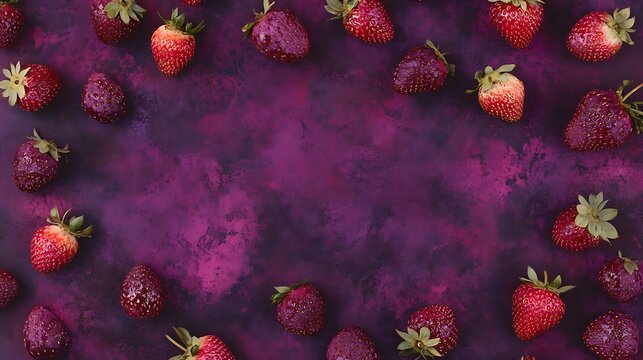 Strawberries scattered on purple surface; space for text. Good for food blog header