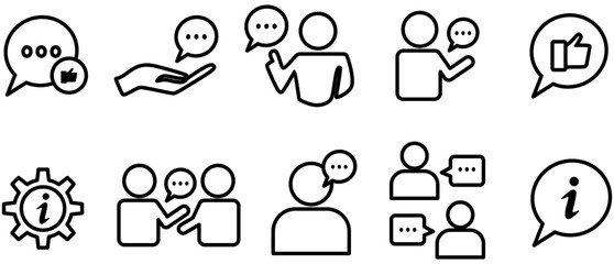 Speaking and Communication thin line icon set. Containing advice, conversation, speech bubble, suggestion, talking, consultation and discussion. Vector illustration.