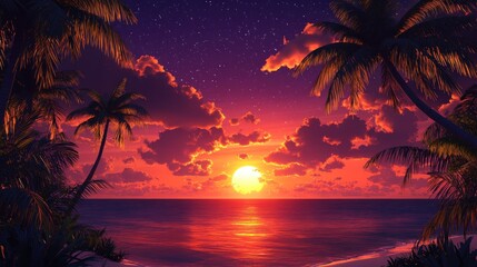 A beautiful coastal sunset is viewed between palm trees