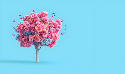 Colorful Floral Tree with Musical Notes on a Light Blue Background