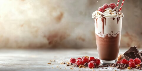 Delicious chocolate milkshake topped with whipped cream and raspberries served in a tall glass with straws