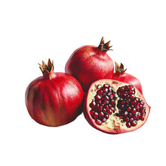 Fresh pomegranates and bright red seeds arranged on a clean transparent background, showcasing their vibrant color and texture, pomegranates on transparent background