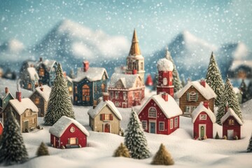Fototapeta premium Experience a snowy Christmas village with a magnificent Christmas tree and twinkling holiday decor