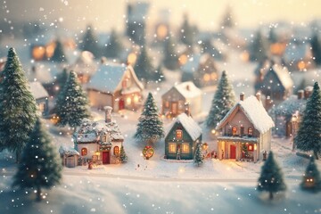 Fototapeta premium A festive Christmas village filled with snow, pine trees, a grand tree, and cheerful decorations