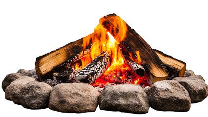 Realistic and Detailed Illustration of a Campfire with Burning Logs and Stone Border
