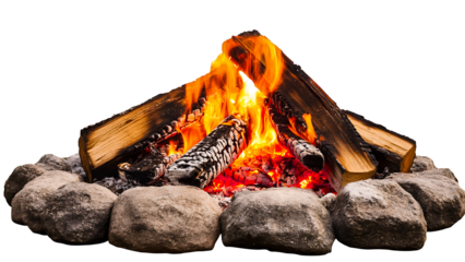 Realistic and Detailed Illustration of a Campfire with Burning Logs and Stone Border
