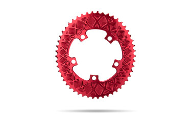 Red oval bicycle chainring against white isolated background, floating above the surface. Professional bicycle part.