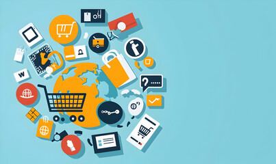 Colorful E-commerce and Shopping Icons Around a World Globe Design