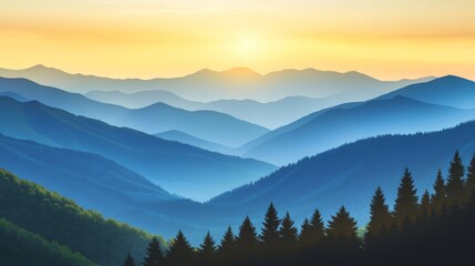 Obraz premium Serene mountain sunrise with misty layers and pine trees