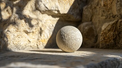 Stone sphere resting on a sunlit ledge in a stone wall.