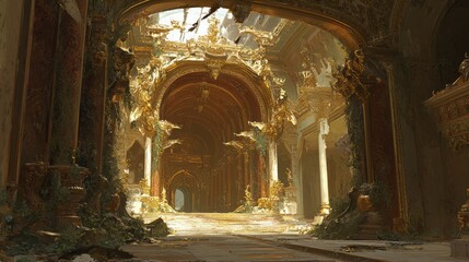 Abandoned Grand Hall with Ornate Architecture and Dramatic Lighting