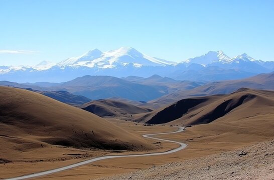 A panoramic view of the Andes Mountains from Cusco, with snow-capped peaks in the distance and an open road leading to them.  reread in the mountains of Ladakh