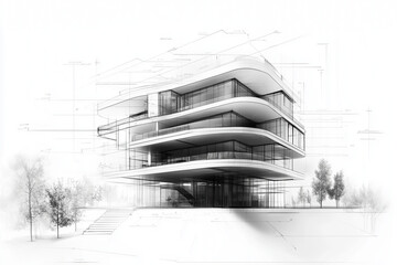 Black and white architectural sketch of a building with street and snow, featuring a city scene, urban design, and construction details
