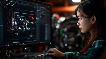 A woman working on computer design software at a desk