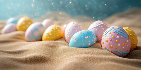 Colorfully decorated Easter eggs in a sandy setting during a festive spring celebration