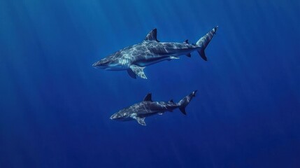 Obraz premium Two Sharks Swimming in Deep Blue Ocean Water