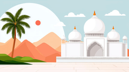 Fototapeta premium serene landscape featuring traditional white building, palm tree, and mountains. , Holi
