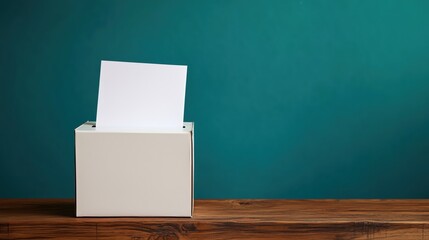 A sleek white ballot box sits on a wooden table, with a blank paper partially inserted, standing out against a rich teal background.