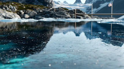 A reflective ice water scene with mountains and flag poles