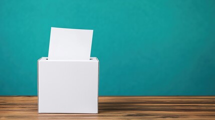 A sleek white ballot box sits on a wooden table, with a blank paper partially inserted, standing out against a rich teal background.