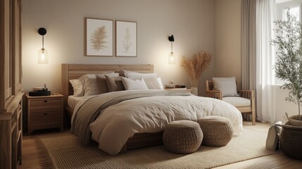 An inviting bedroom presents neutral tones and natural decor elements