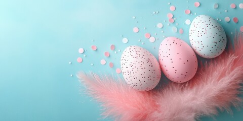 Colorful decorative Easter eggs arranged on a soft pastel background with confetti and feathers for spring celebration