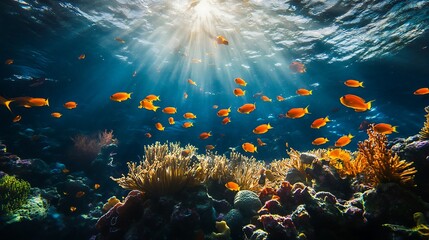 Obraz premium Underwater scene displaying vibrant coral reefs with swimming fish and sunlight