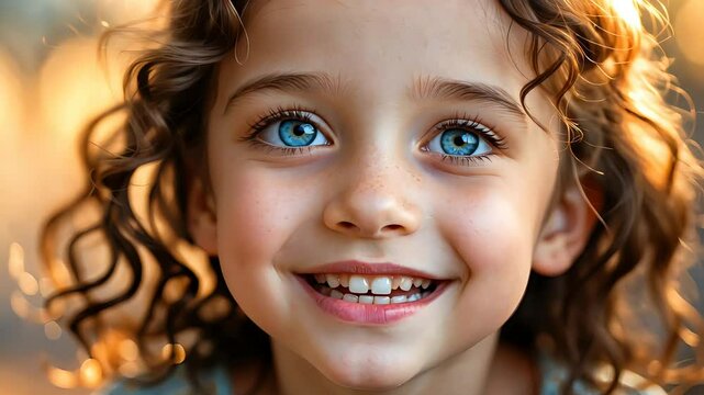 Smiling young girl with curly hair and bright eyes looking towards the camera
