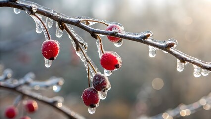 Winter Berries and Frozen Droplets A Crisp, Icy Nature Close-Up V3