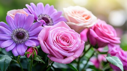 Fototapeta premium Beautiful Arrangement of Fresh Roses and Anemones in Soft Natural Lighting