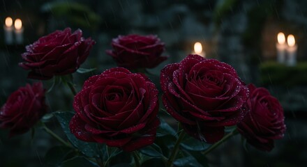 Red Roses with Raindrops and Soft Candlelight on Dark Background