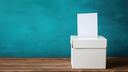 A sleek white ballot box sits on a wooden table, with a blank paper partially inserted, standing out against a rich teal background.
