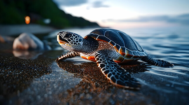 A beautiful sea turtle crawls onto a sandy beach at sunset