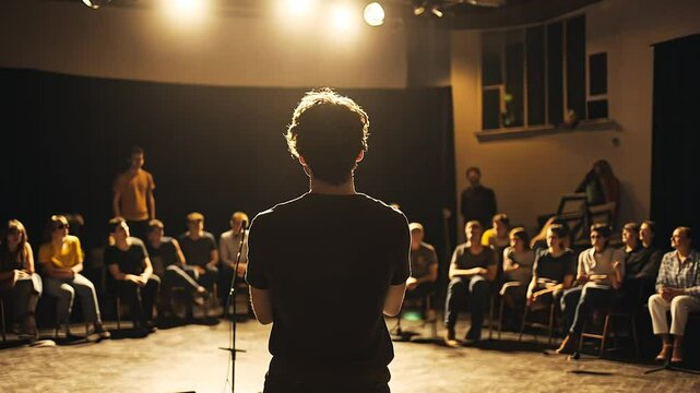 Young Man Performing on Stage, Center Stage Spotlight on a Talented Performer