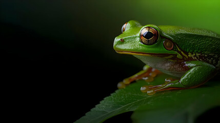 Naklejka premium A vibrant green frog perched on a green leafy surface
