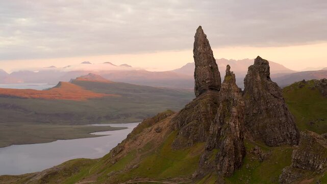 Old Man of Storr Scotland Sunset Colorful Pink Cloudy Sky Landscape Vista Famous Rock Formation Travel Destination High Quality 4K