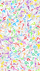 question mark icon on notebook paper torns doodle pattern background, colorful education and science vertical social media design element