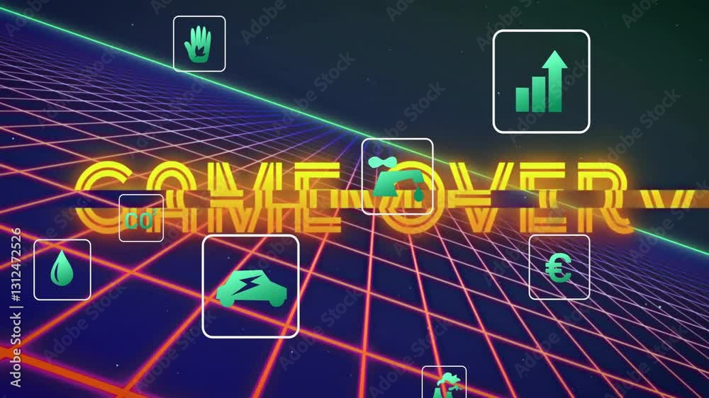 Poster game over text with animation on retro grid background with environmental icons