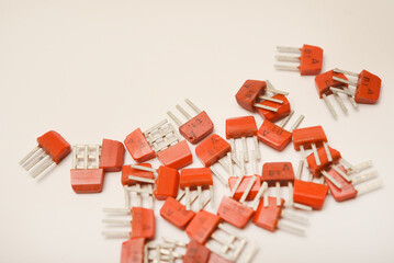 Old transistors on a white background. Electronic elements.