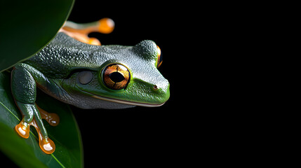 A close up image shows a green frog on green leaves