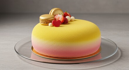 Elegant Ombre Velvet Cake with Red Heart, Golden Macarons, and Strawberries on Glass Plate