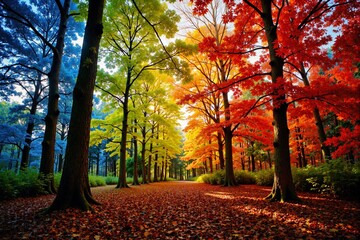 Walk into a dream with this rainbow forest path, where trees display vibrant autumn hues of red, orange, and blue